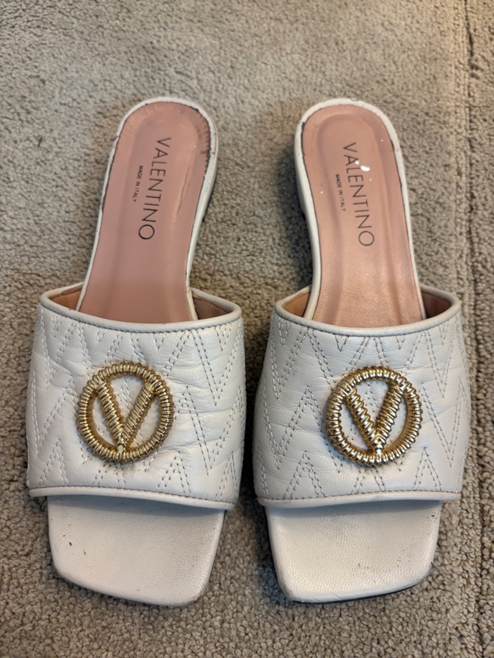 Valentino Cream Quilted Slides with Gold V-Logo